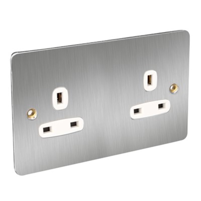 Flat Plate 13Amp 2 Gang Socket Unswitched *Satin Chrome/White In